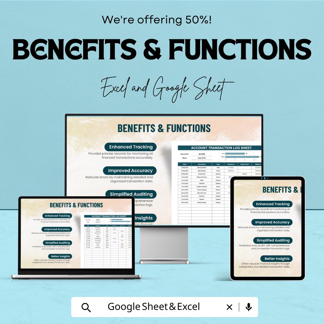 Account Transaction Log Sheet Template | transaction Tracker | Income Expense Log | Finance Tracking Spreadsheet | Account Ledger Template