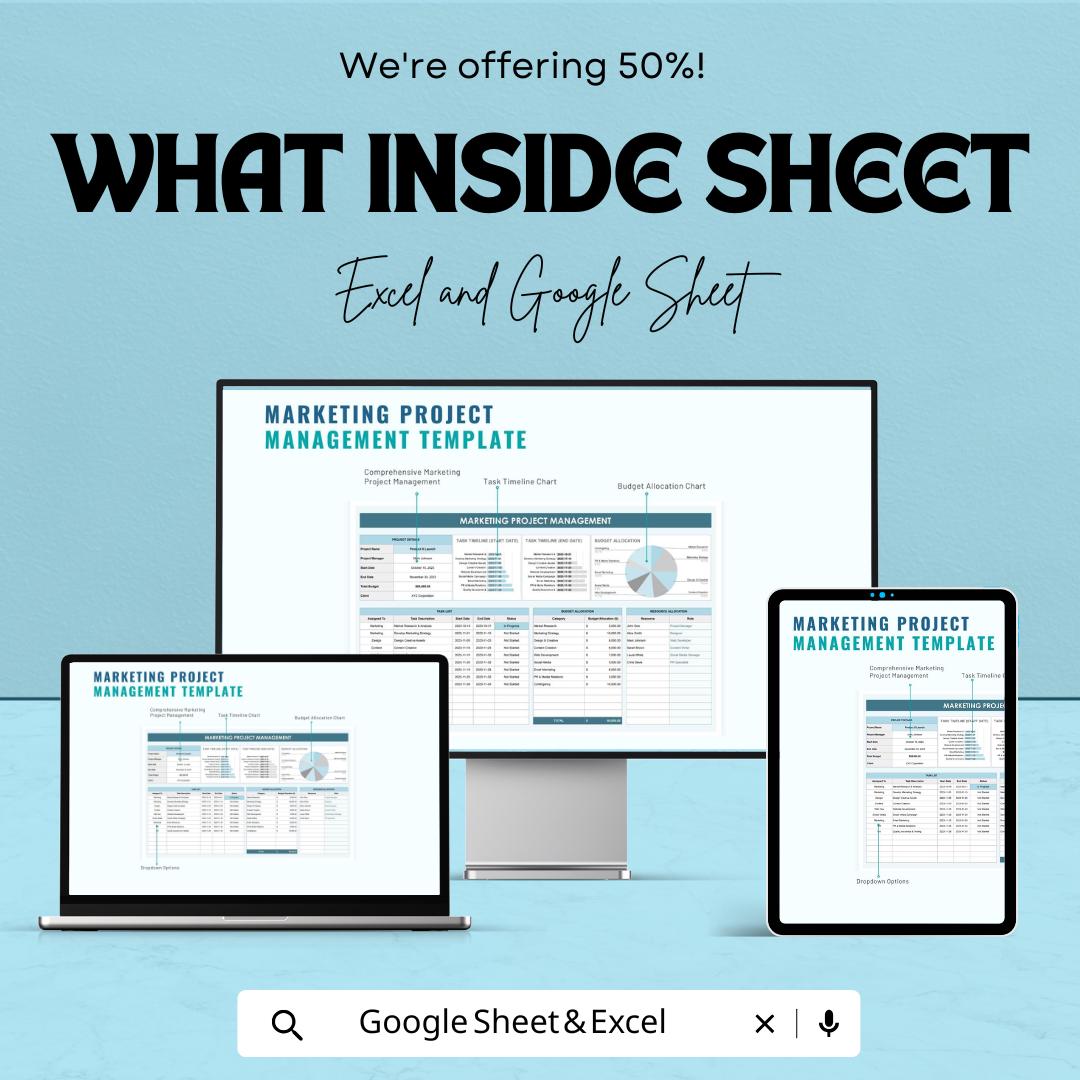 Marketing Project Management Sheet Excel & Google Sheets | Campaign Tracker, Budget, Timeline, and Team Collaboration