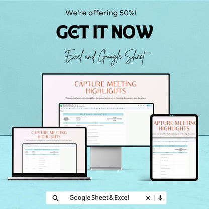 Meeting Minutes Sheet - Editable Excel and Google Sheet Template for Efficient Meeting Documentation, Customizable & Easy to Use