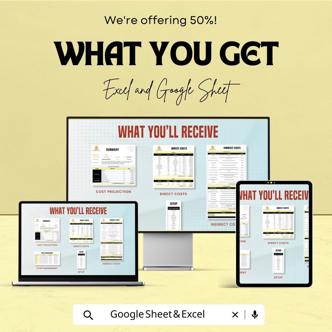 Cost Projection Template | Construction Cost Estimate Spreadsheet | Direct and Indirect Cost Calculator | Project Cost Summary Template