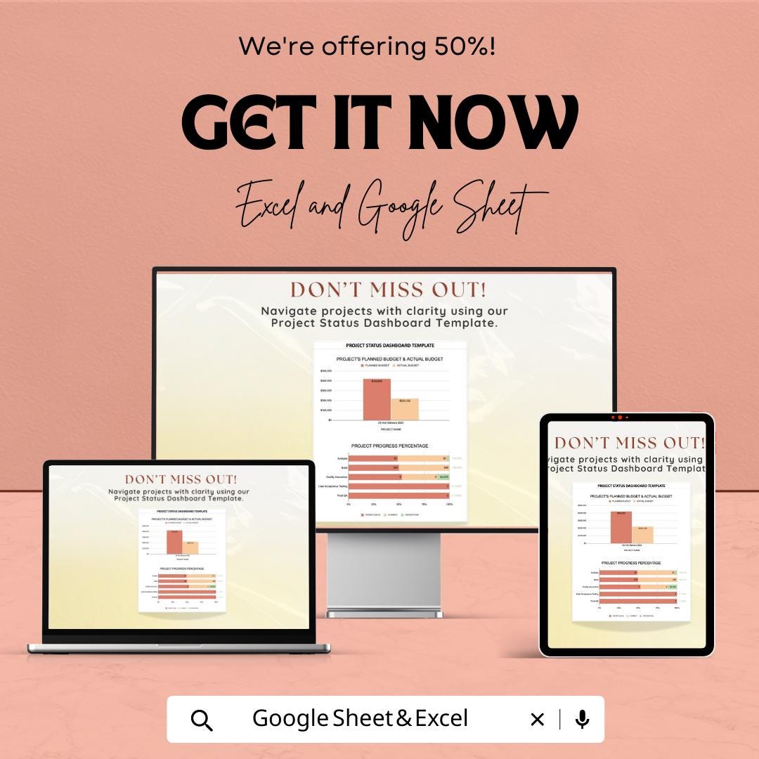 Project Status Dashboard Template , Project Management Dashboard, Project Progress Tracker, Budget vs Actual Tracker, PM Spreadsheet