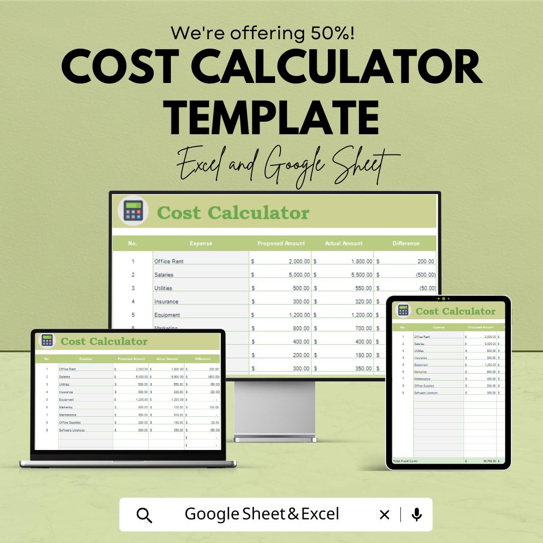 Cost Calculator Template | Expense Estimator Spreadsheet | Budget Cost Tracker | Excel and Google Sheets | Project Expense Analysis Tool