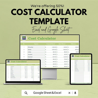 Cost Calculator Template | Expense Estimator Spreadsheet | Budget Cost Tracker | Excel and Google Sheets | Project Expense Analysis Tool