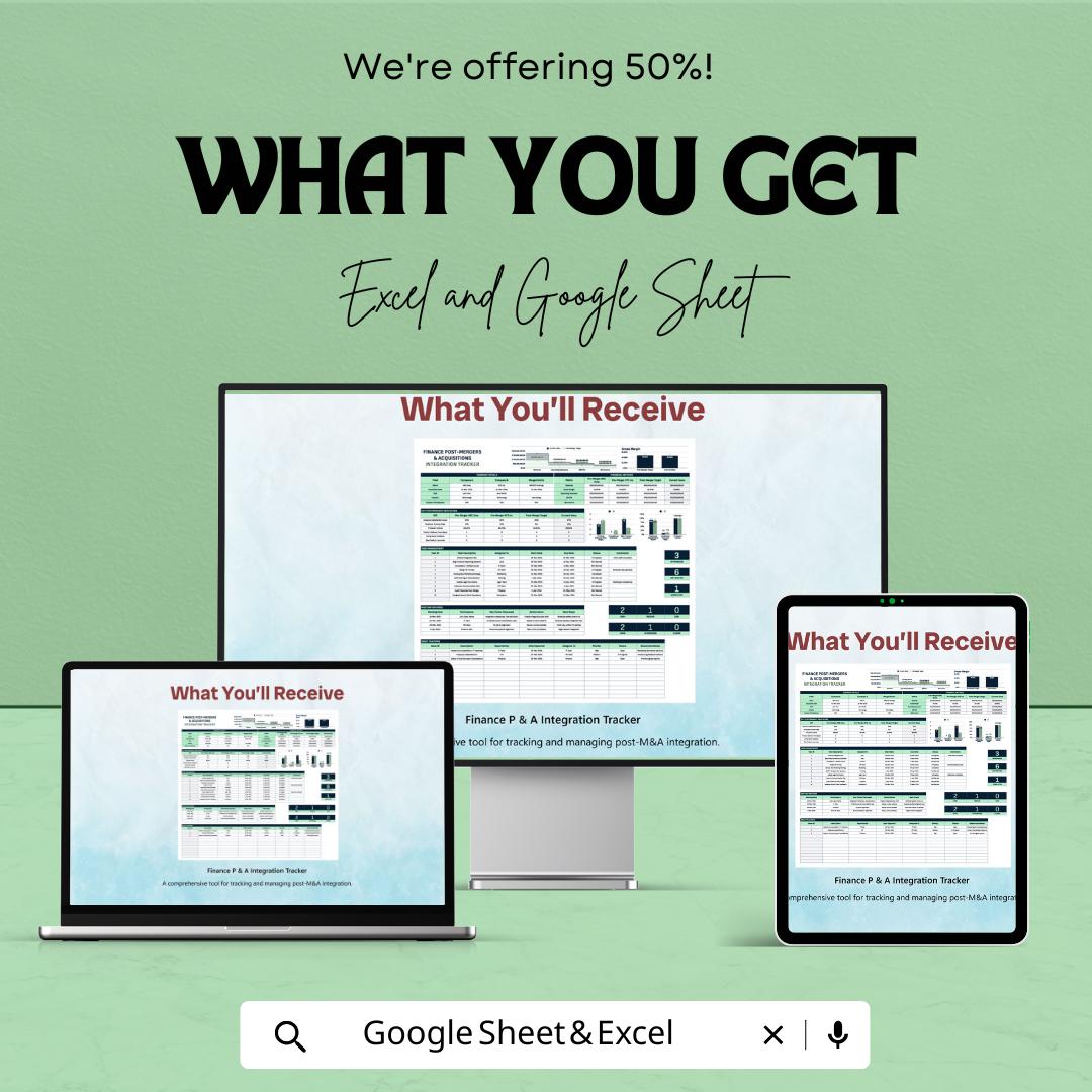 Finance Post-Merger & Acquisition Integration Tracker Template | Excel and Google Sheets | M and A Integration Tracker | Finance KPI sheet