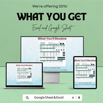 Finance Post-Merger & Acquisition Integration Tracker Template | Excel and Google Sheets | M and A Integration Tracker | Finance KPI sheet