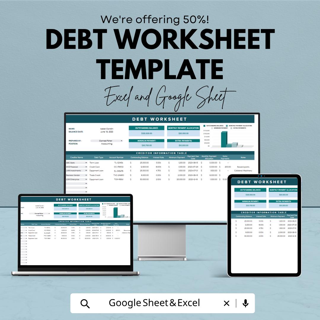 Debt Worksheet Template | Debt Tracker Spreadsheet | Debt Payoff Planner | Excel & Google Sheets | Financial Budget Sheet | Personal