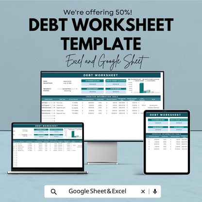 Debt Worksheet Template | Debt Tracker Spreadsheet | Debt Payoff Planner | Excel & Google Sheets | Financial Budget Sheet | Personal