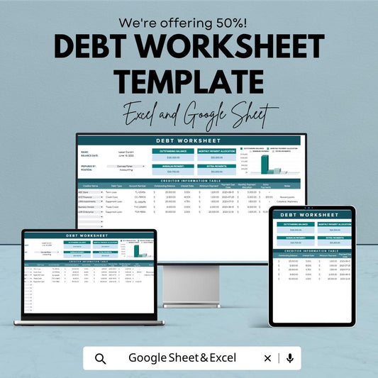 Debt Worksheet Template | Debt Tracker Spreadsheet | Debt Payoff Planner | Excel & Google Sheets | Financial Budget Sheet | Personal