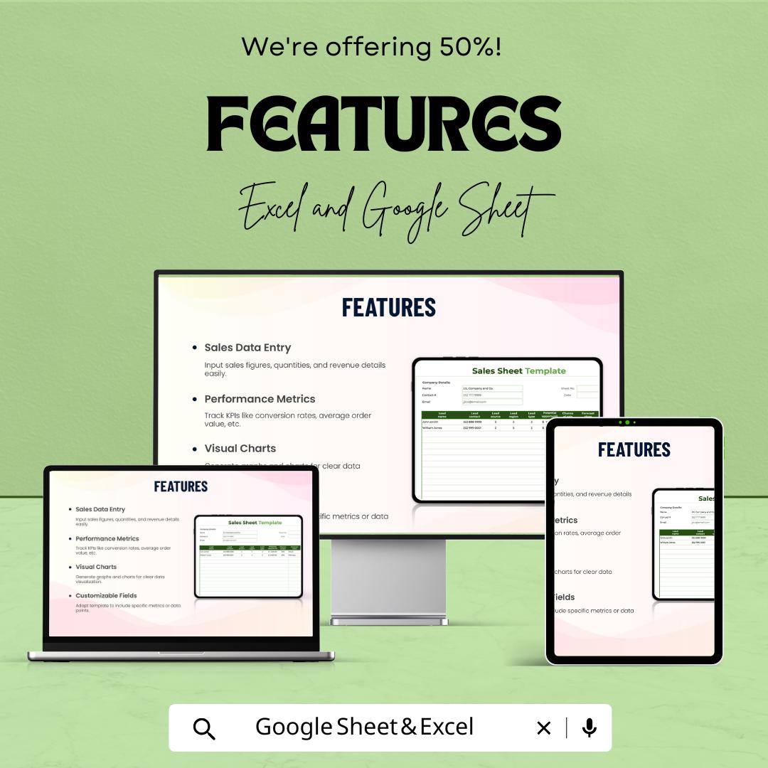 Sales Sheet Template - Excel & Google Sheets Tracker for Sales Data, Performance Metrics, and Revenue Tracking