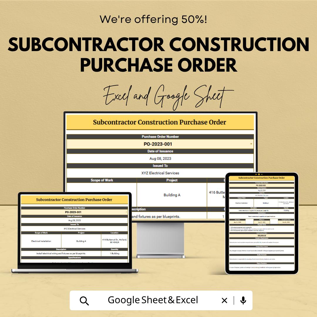 Subcontractor Construction Purchase Order Template | Contractor Procurement Tracker | Project Purchase Order Spreadsheet |