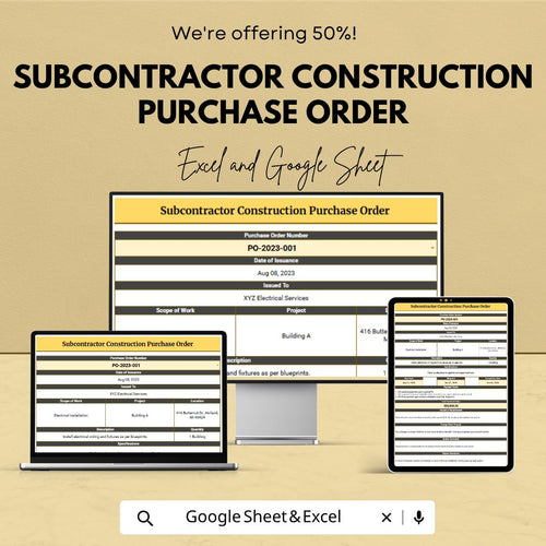 Subcontractor Construction Purchase Order Template | Contractor Procurement Tracker | Project Purchase Order Spreadsheet |
