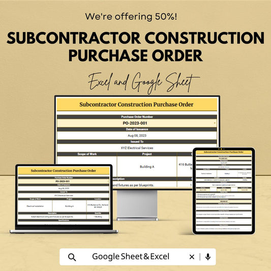 Subcontractor Construction Purchase Order Template | Contractor Procurement Tracker | Project Purchase Order Spreadsheet |