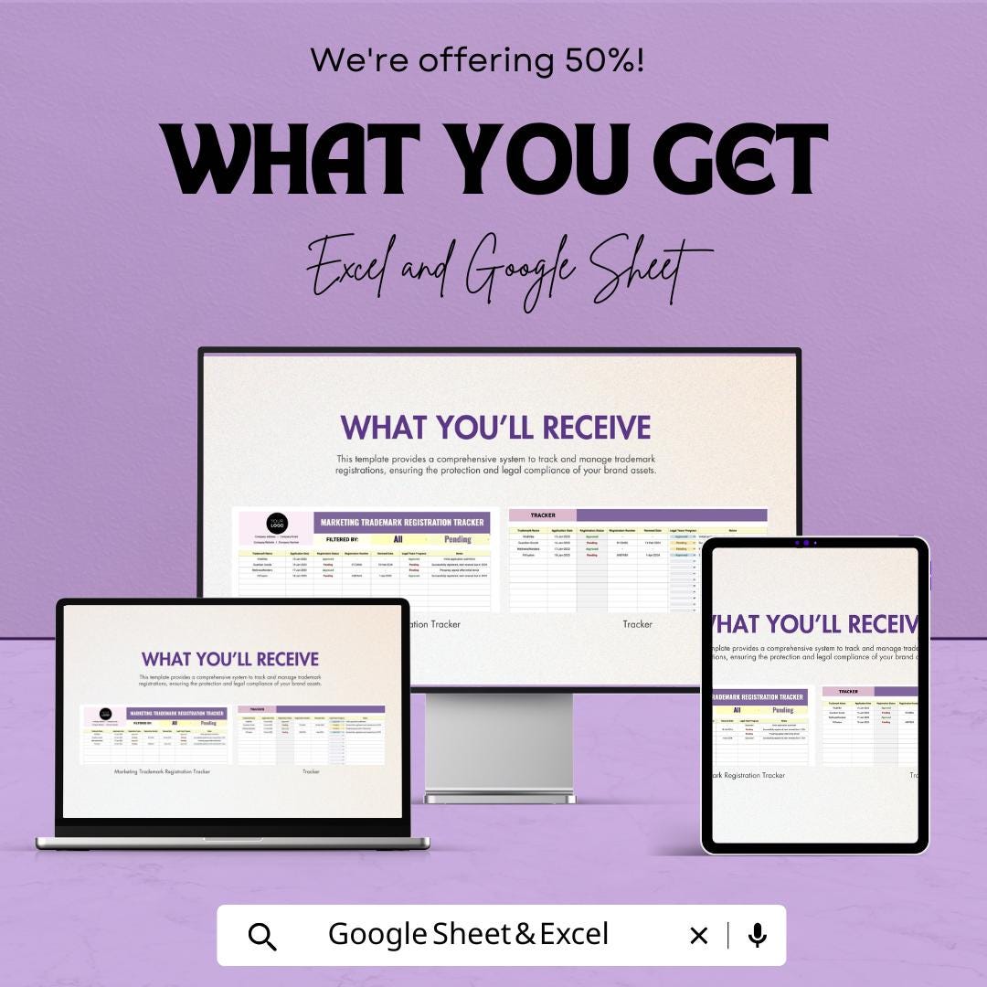 Marketing Trademark Registration Tracker Template | Trademark Tracking Sheet | Brand Protection Tool | Excel & Google Sheets