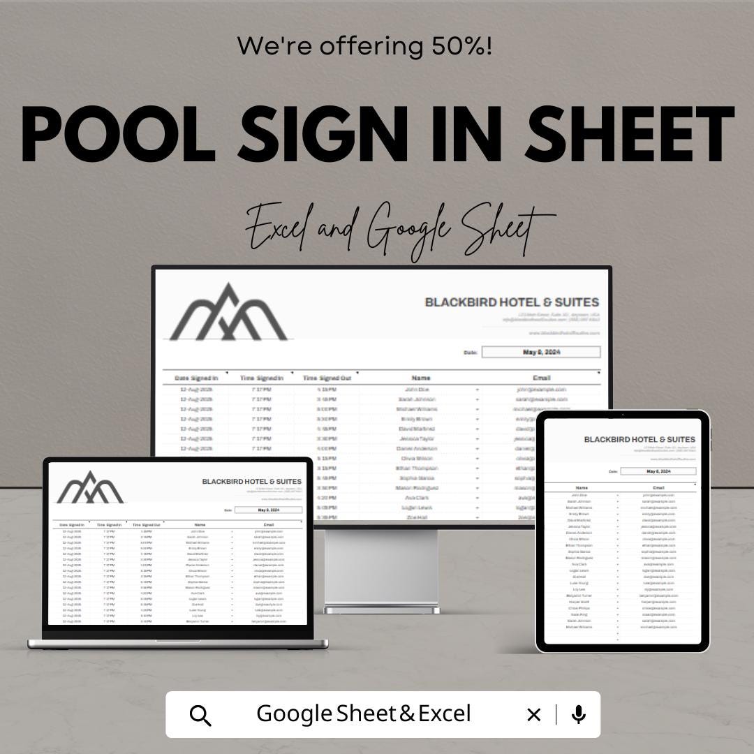 Pool Sign In Sheet | Excel and Google Sheet Template for Hotels and Resorts | Track Visitor Details, Time-in & Time-out | Easy to Customize