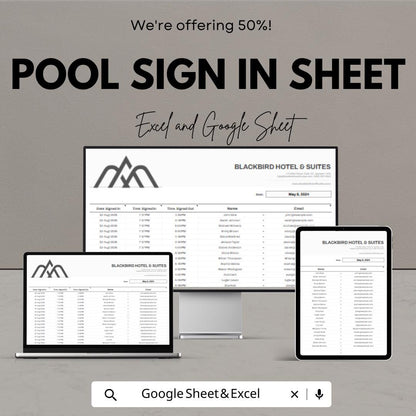 Pool Sign In Sheet | Excel and Google Sheet Template for Hotels and Resorts | Track Visitor Details, Time-in & Time-out | Easy to Customize