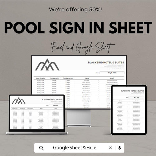 Pool Sign In Sheet | Excel and Google Sheet Template for Hotels and Resorts | Track Visitor Details, Time-in & Time-out | Easy to Customize