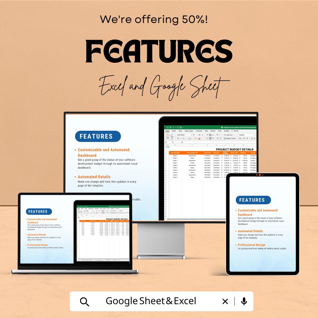 Transport & Logistics Software Development Budget Tracker | IT Project Cost Template | Excel and Google Sheets