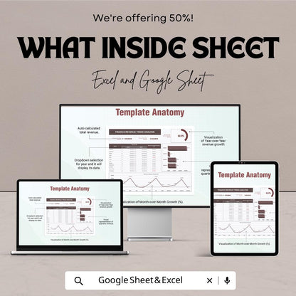 Finance Revenue Trend Analysis Template | Excel & Google Sheets | Revenue Dashboard | Sales Trend Tracker Spreadsheet