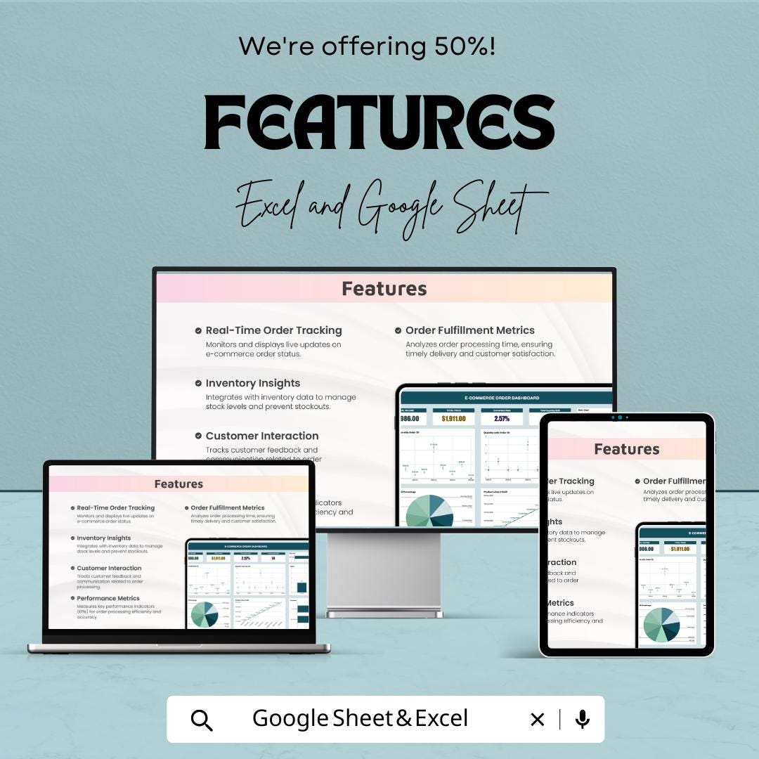 E-commerce Order Dashboard Template | Order Tracker | Sales Analytics Spreadsheet | Inventory & Fulfillment KPI Dashboard