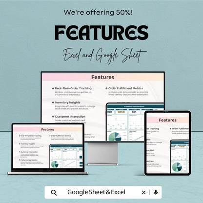 E-commerce Order Dashboard Template | Order Tracker | Sales Analytics Spreadsheet | Inventory & Fulfillment KPI Dashboard