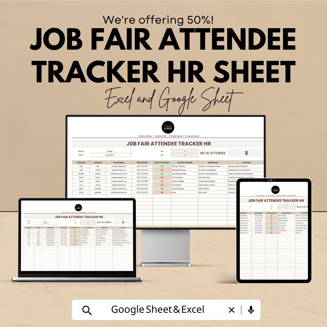 Job Fair Attendee Tracker HR Sheet | Excel & Google Sheets | Event Registration | Candidate Log | HR Spreadsheet | Instant Download