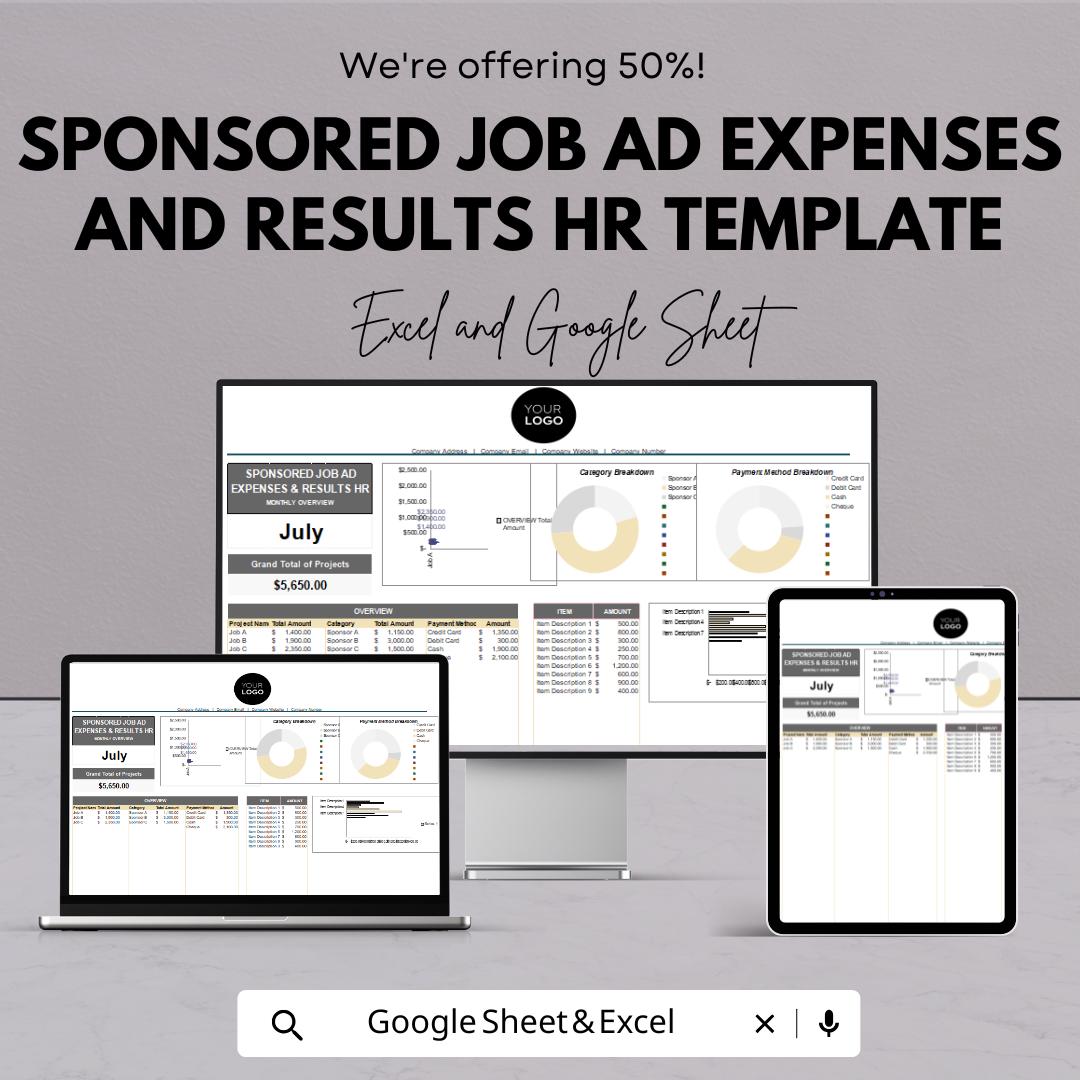 Sponsored Job Ad Expenses and Results HR Template | Excel & Google Sheets | Recruitment Cost Tracker | Hiring Performance Report