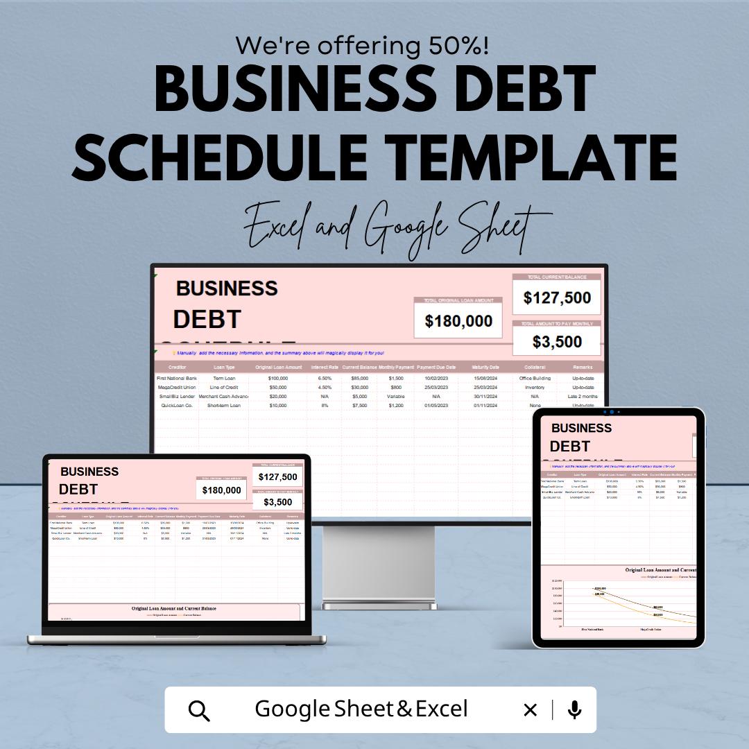 Business Debt Schedule Template | Debt Tracker Spreadsheet | Loan Payment Planner | Debt Payoff Calculator | Business Finance Tracker