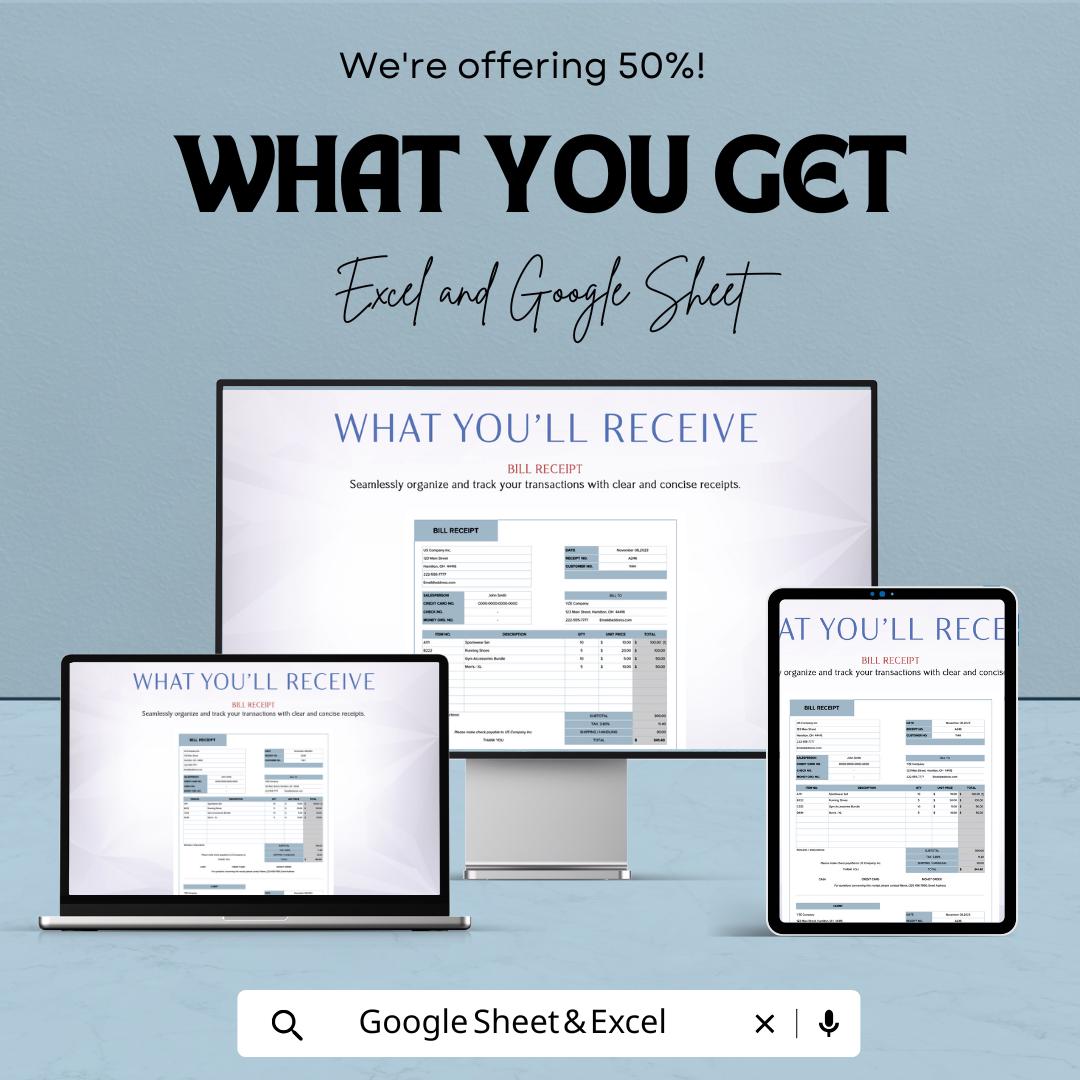Editable Bill Receipt Template | Excel & Google Sheet | Printable Business Invoice | Custom Billing Tracker | Digital Download
