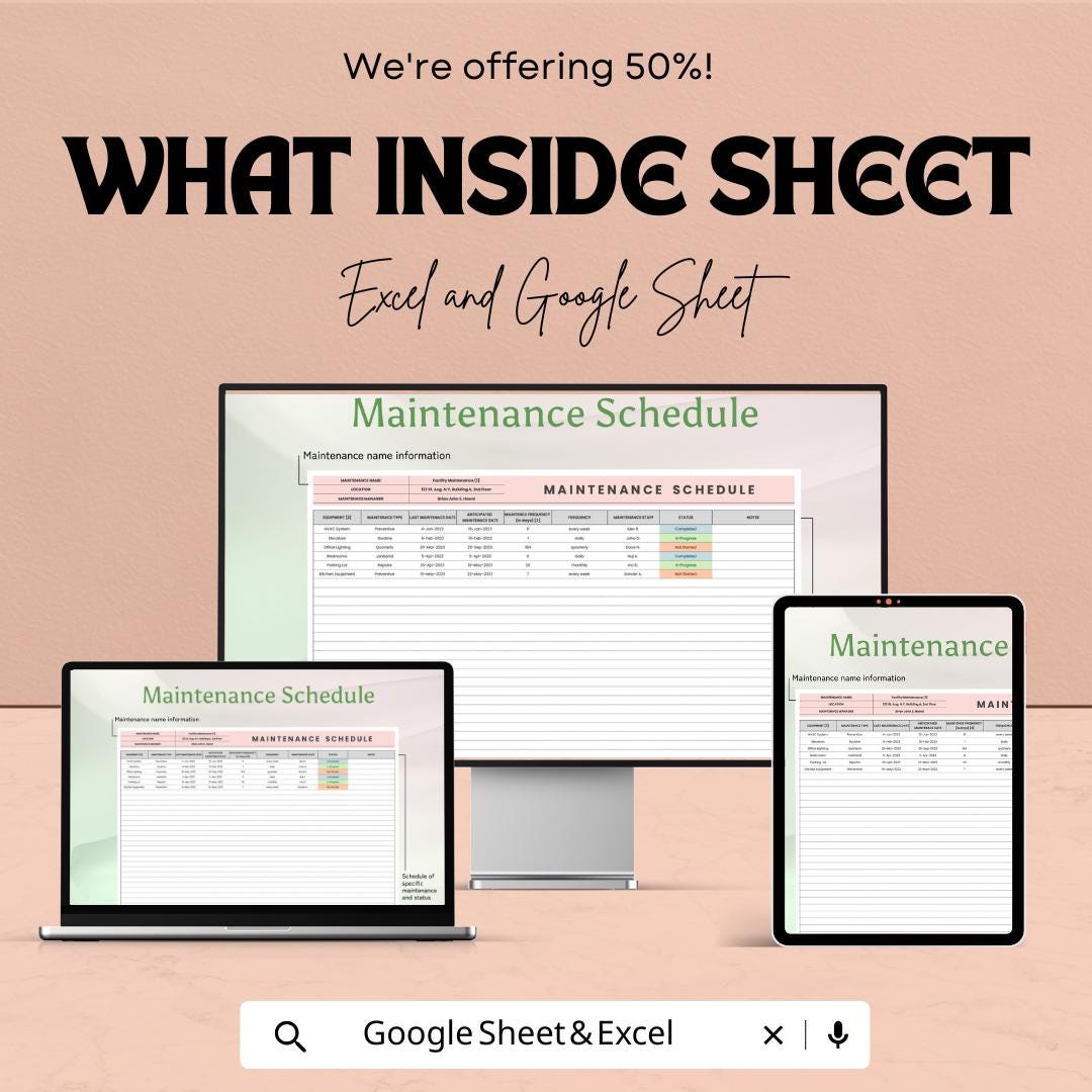 Maintenance Schedule Template | Google Sheets & Excel | Equipment Maintenance Log | Facility Maintenance Planner | Editable Tracker