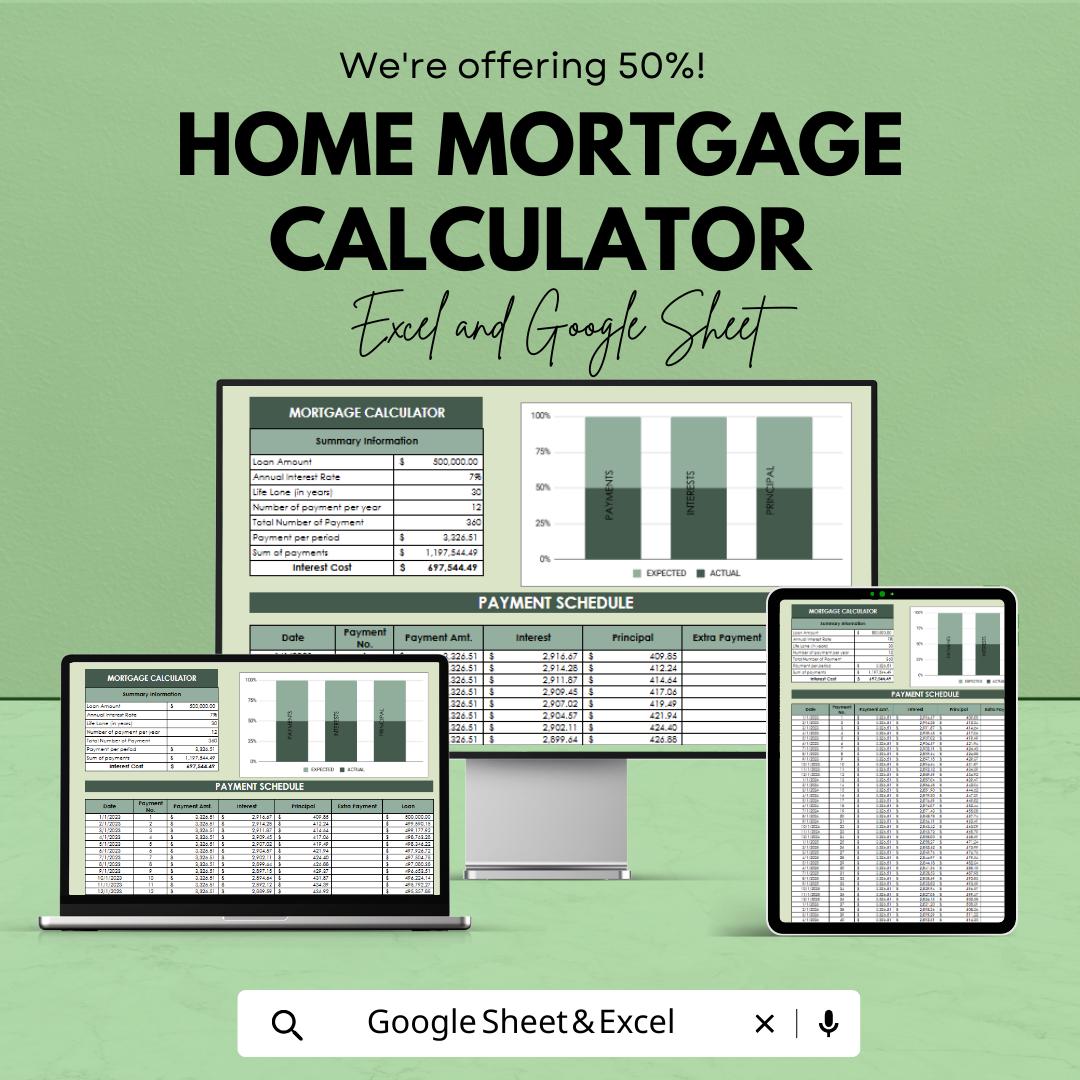 Home Mortgage Calculator Excel & Google Sheets, Loan Payment Planner, Amortization Schedule, Home Loan Tracker, Mortgage Budget Template