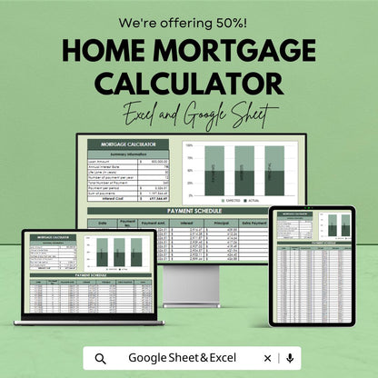 Home Mortgage Calculator Excel & Google Sheets, Loan Payment Planner, Amortization Schedule, Home Loan Tracker, Mortgage Budget Template