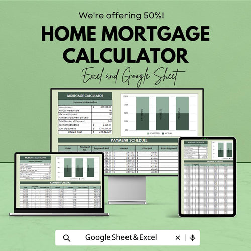 Home Mortgage Calculator Excel & Google Sheets, Loan Payment Planner, Amortization Schedule, Home Loan Tracker, Mortgage Budget Template