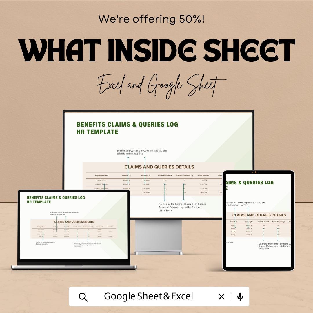 Benefits Claims & Queries Log | HR Tracker Template | Excel and Google Sheets | Employee Benefits Log | HR Record Sheet