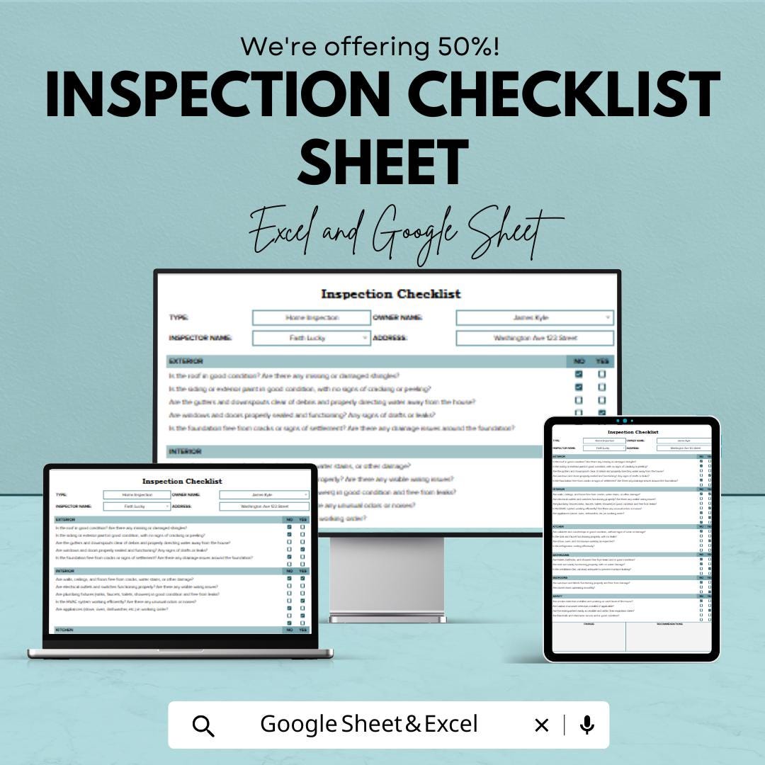Home Inspection Checklist Template - Excel and Google Sheets | Property Inspection Tracker & Inspection Report Form
