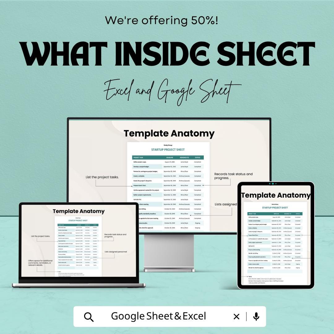 Startup Project Sheet Template | Project Tracking Spreadsheet | Task Management Sheet | Project Management Template | Excel & Google Sheets