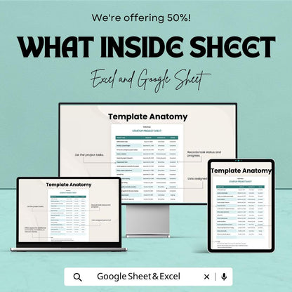 Startup Project Sheet Template | Project Tracking Spreadsheet | Task Management Sheet | Project Management Template | Excel & Google Sheets