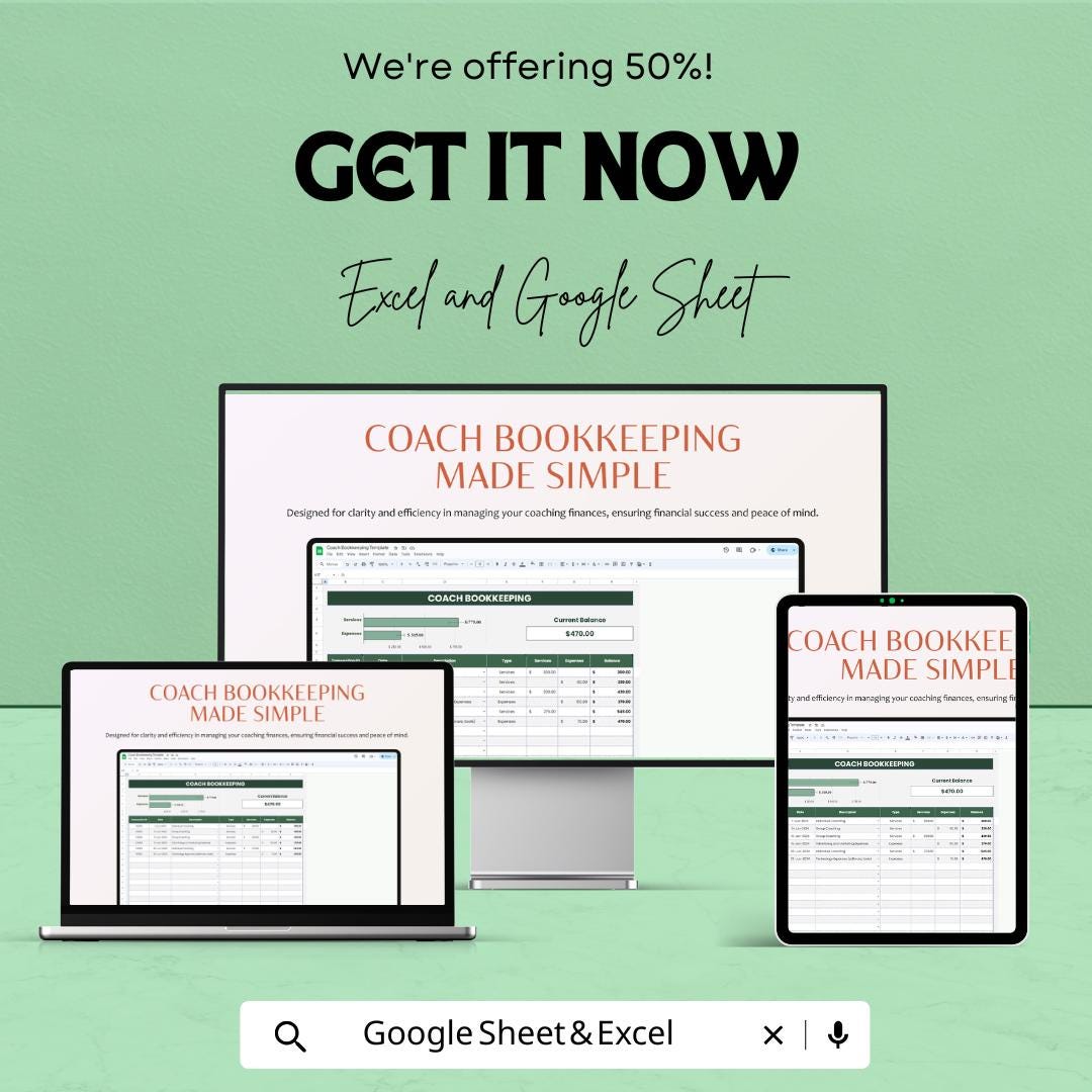 Coach Bookkeeping Template Google Sheet & Excel | Finance Tracker for Coaches | Coaching Business Expense Income Spreadsheet | 50% OFF