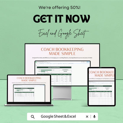 Coach Bookkeeping Template Google Sheet & Excel | Finance Tracker for Coaches | Coaching Business Expense Income Spreadsheet | 50% OFF