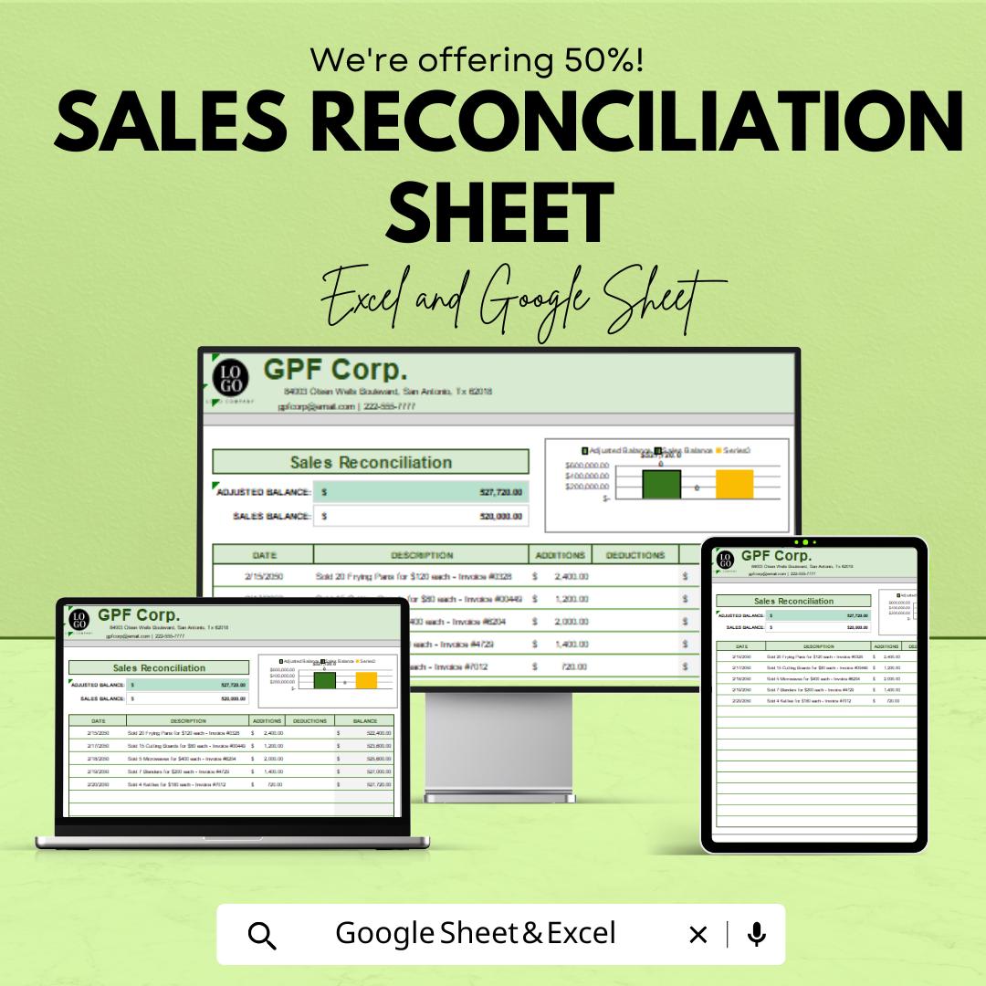 Sales Reconciliation Sheet Template for Excel and Google Sheets | Financial Management Spreadsheet | Track Sales, Additions & Deductions |