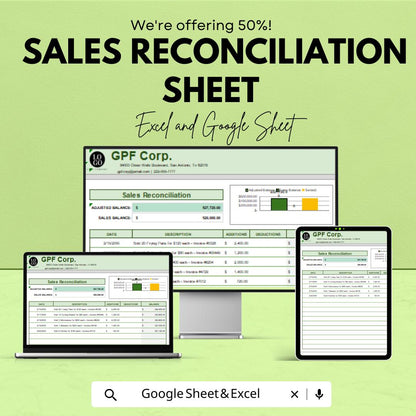 Sales Reconciliation Sheet Template for Excel and Google Sheets | Financial Management Spreadsheet | Track Sales, Additions & Deductions |