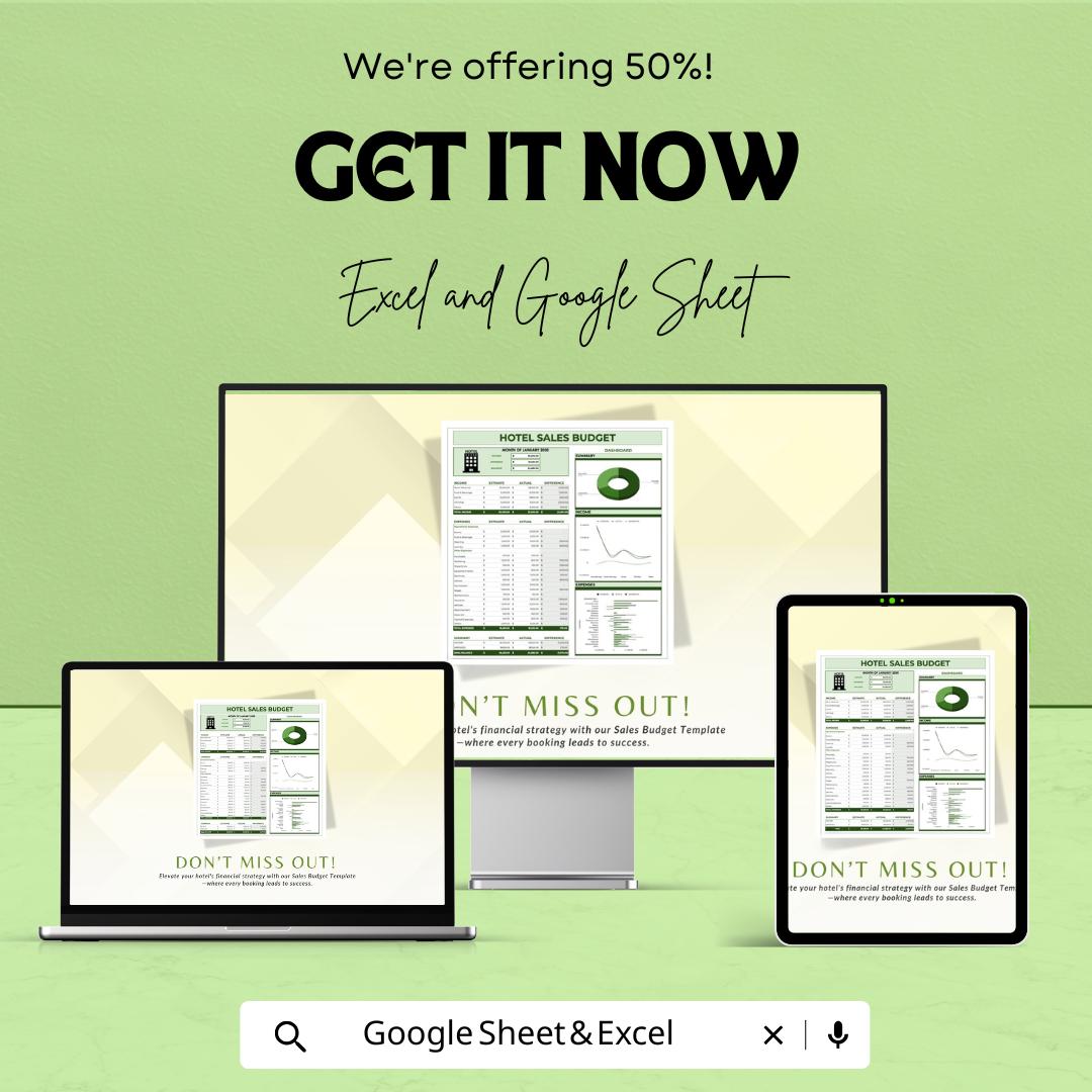 Hotel Sales Budget Template Excel & Google Sheets | Hospitality Revenue Tracker | Hotel Expense and Income Dashboard | Monthly Sales Planner