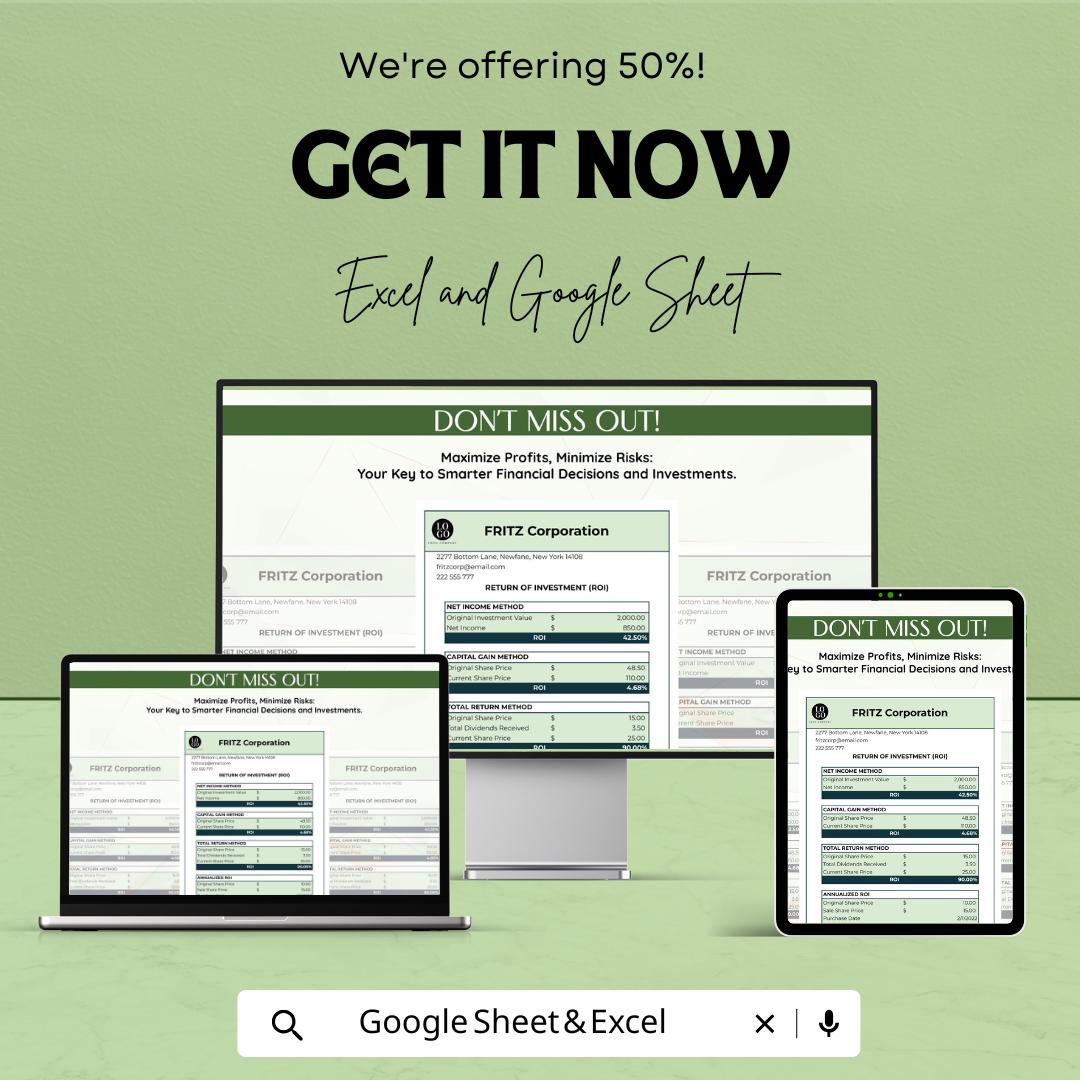 ROI Template | Return on Investment Calculator | Financial Analysis | Business ROI Spreadsheet | Investment Tracking Tool