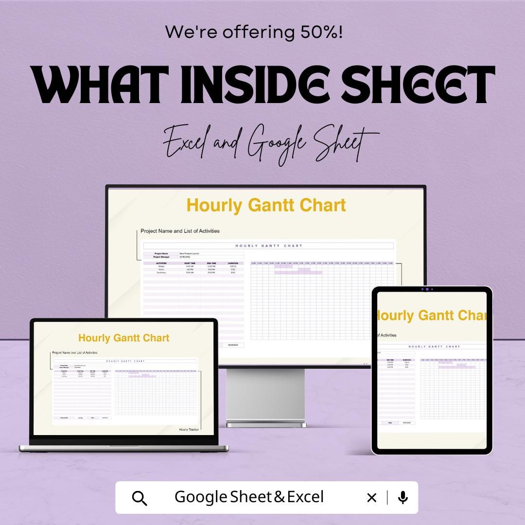 Hourly Gantt Chart Template - Excel & Google Sheets - Project Planning Schedule - Customizable Project Timeline - Time Management Tool