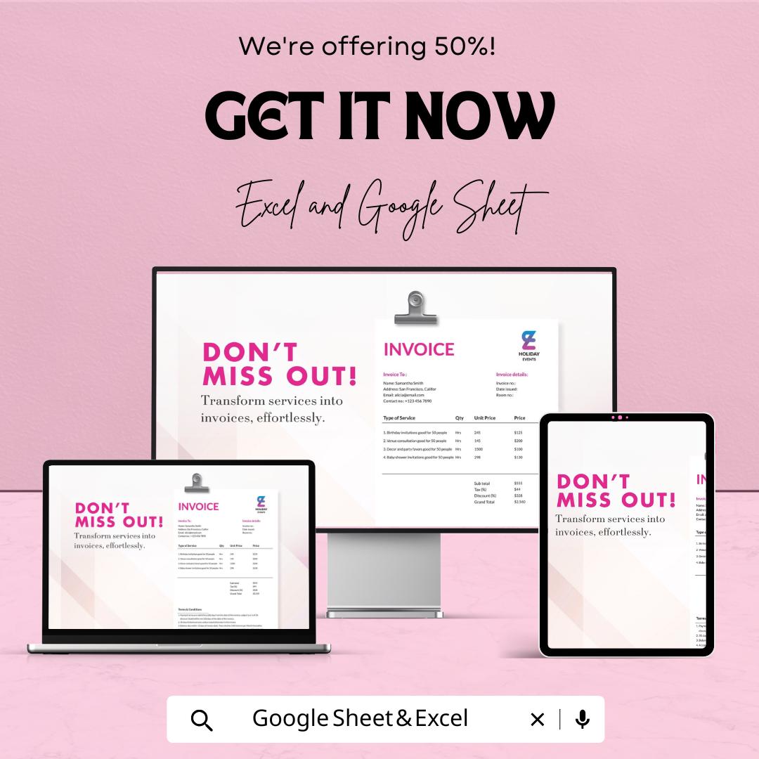 Event Planner Invoice Sheet - Excel & Google Sheets Template - Customizable Invoice Generator for Event Planners