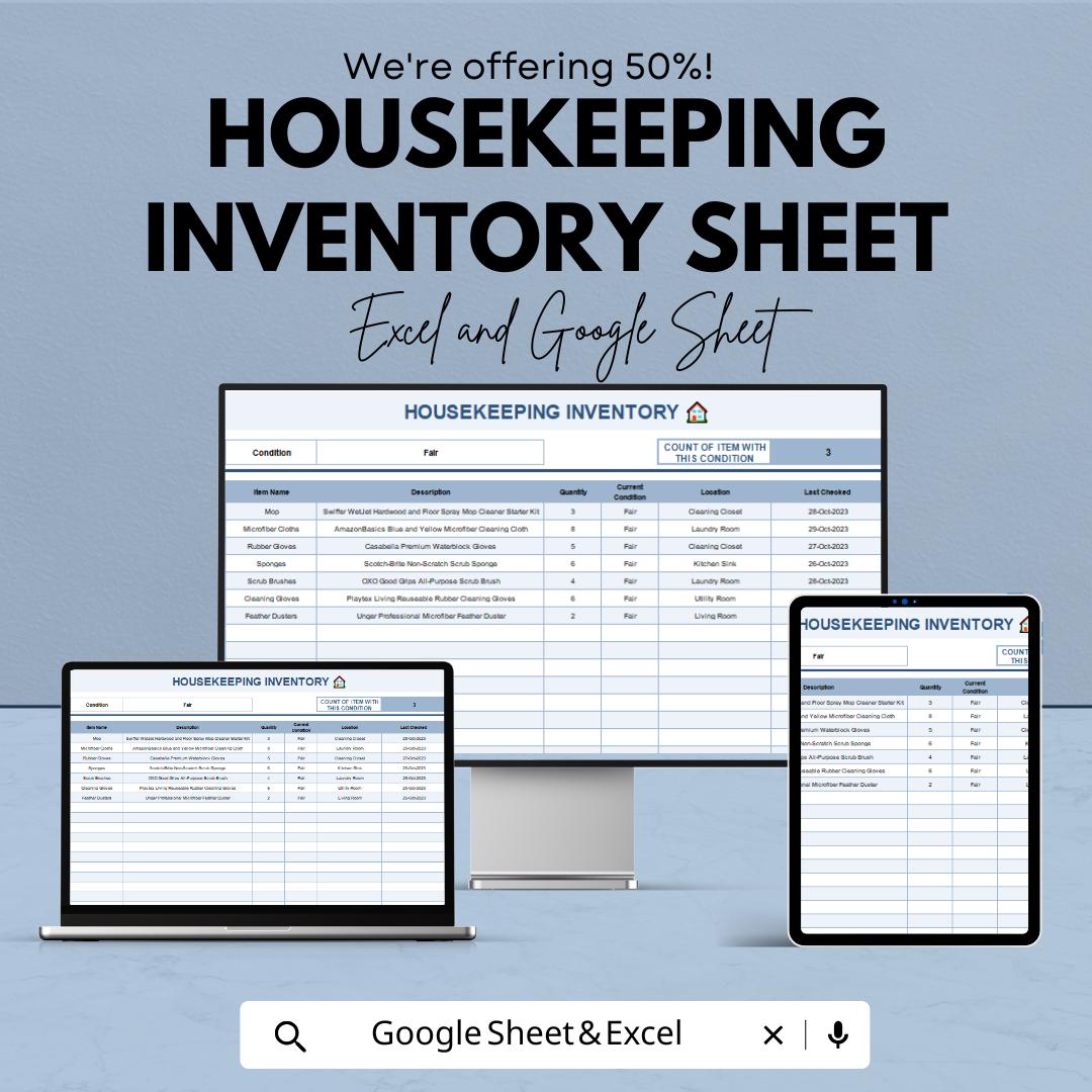Housekeeping Inventory Sheet | Excel & Google Sheet Template for Efficient Housekeeping Management | 50% Off Now