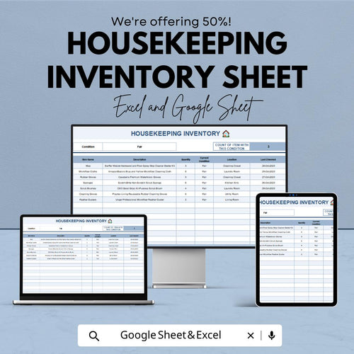 Housekeeping Inventory Sheet | Excel & Google Sheet Template for Efficient Housekeeping Management | 50% Off Now