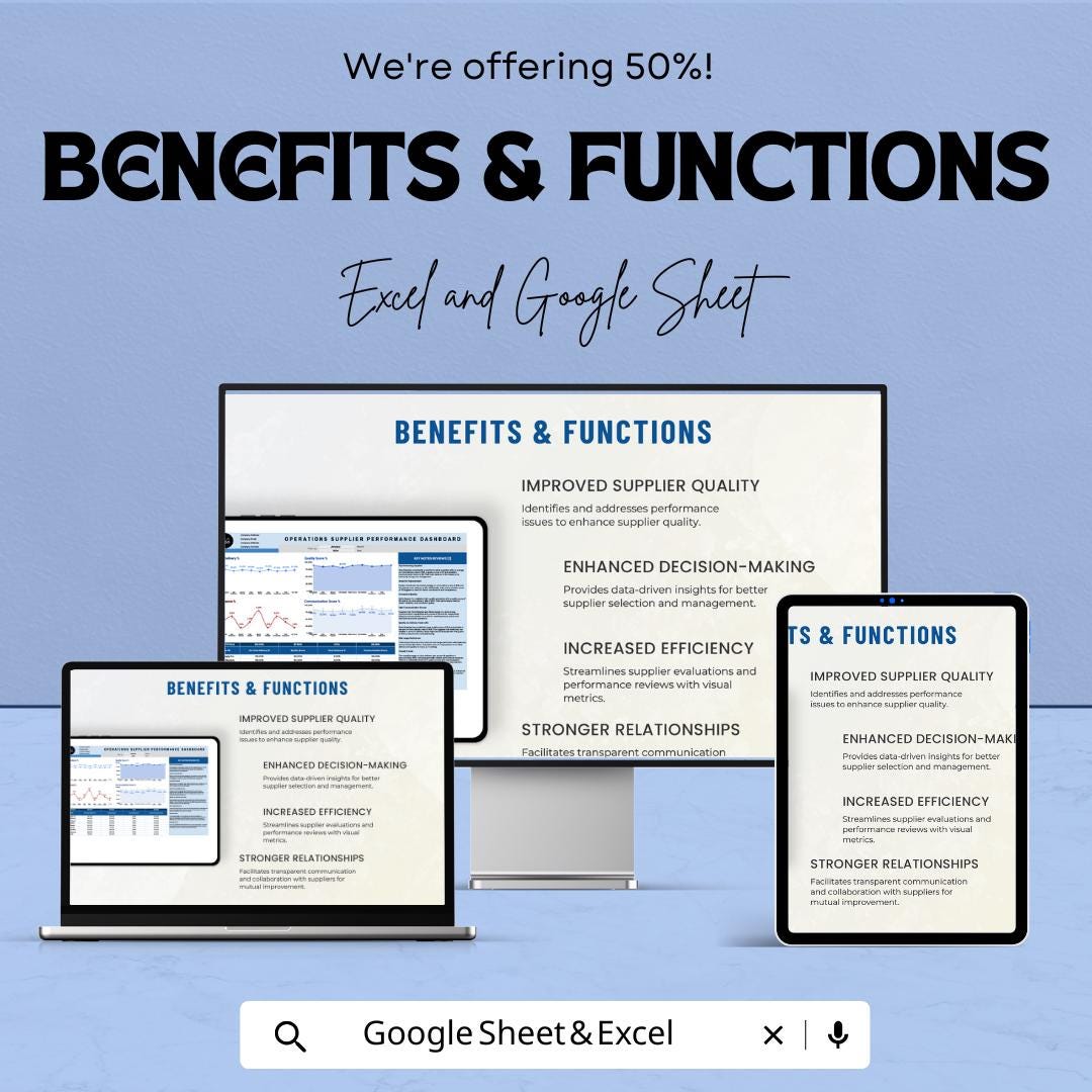 Operations Supplier Performance Dashboard Template | Supplier KPI Tracker | Vendor Management Metrics | Performance Analysis Sheet
