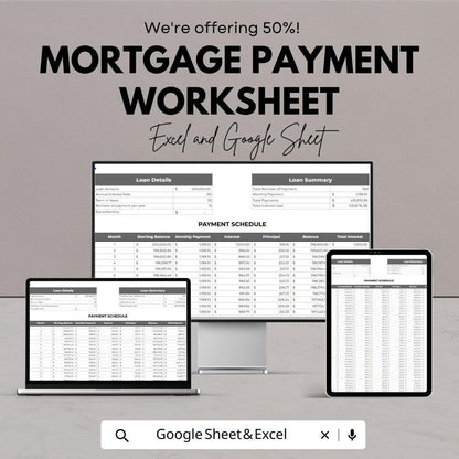 Mortgage Payment Worksheet | Loan Amortization Schedule Template | Home Loan Calculator Spreadsheet | Excel & Google Sheets