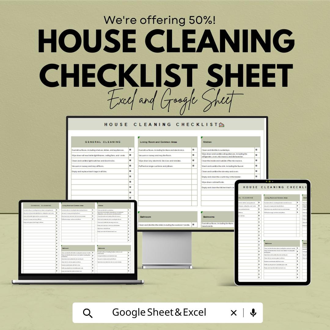 House Cleaning Checklist Sheet | Excel and Google Sheets Template | Home Cleaning Planner & Task Organizer