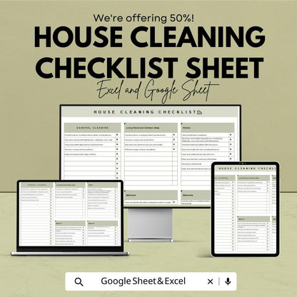 House Cleaning Checklist Sheet | Excel and Google Sheets Template | Home Cleaning Planner & Task Organizer